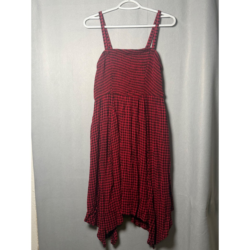 Torrid Red Black Gingham Smocked Handkerchief Hem Midi Dress Size 0 Plus L XL
